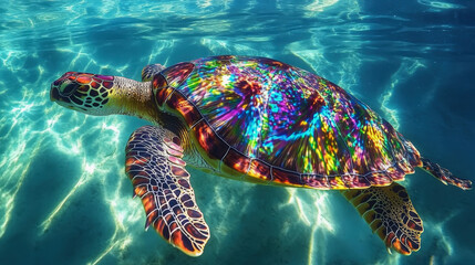 A sea turtle with an iridescent, rainbow-colored shell (pinks, blues, greens, yellows) swims gracefully in clear, sun-dappled shallow water, its patterned flippers visible