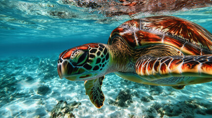 Obraz premium A sea turtle with a stunning shell of greens, reds, and browns swims gracefully in clear turquoise water over a white sandy ocean floor, with the water's surface shimmering above