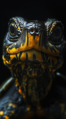 Obraz premium An extreme close-up front view of a turtle's face, showcasing its symmetrical yellow and black striped patterns, large dark eyes, and wet-looking skin against a stark black background