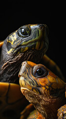 Obraz premium A vertical close-up features two turtles, one above the other. The top one has dark skin with green/yellow patterns; the lower one is brighter with orange/yellow hues against a black background