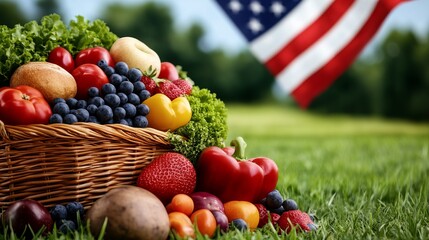 Fruits and vegetables spill from a wicker basket onto grass with an American flag in background.