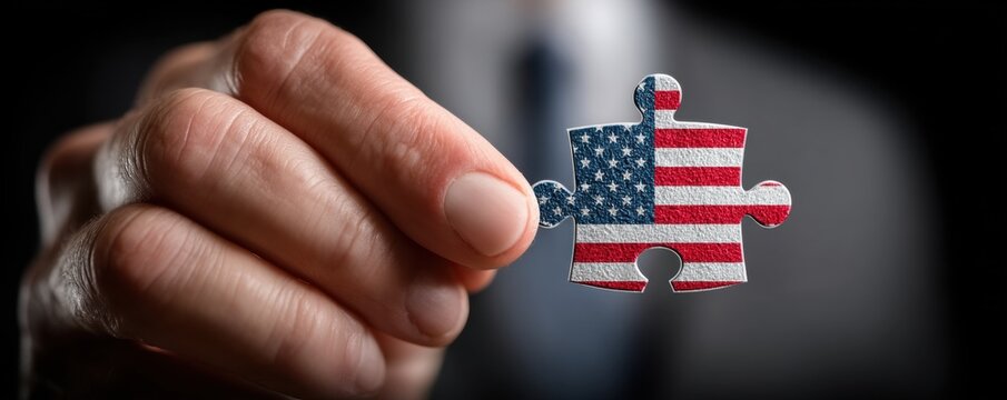 A hand holds a puzzle piece featuring the American flag, symbolizing unity, problem-solving, and the United States.