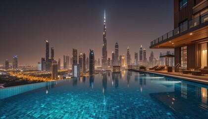 Obraz premium Infinity pool luxury apartment Dubai skyline view 