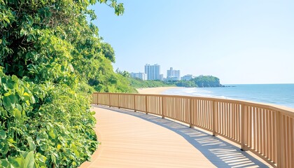Obraz premium Coastal boardwalk curves alongside a tranquil beach, offering scenic views of ocean and distant cityscape under a bright sky