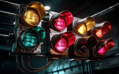 A close-up view of a traffic light system displaying various illuminated signals, urban context.