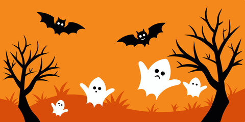 Cute Halloween Ghosts Bats Orange Background Illustration