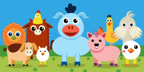 Adorable Cartoon Farm Animals Gathering Together