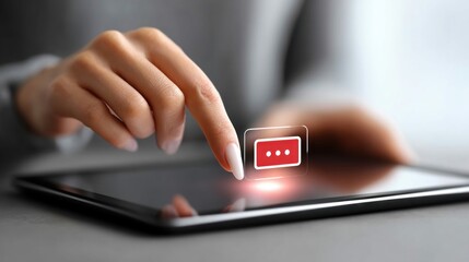Close-up of a hand interacting with a digital tablet, activating a menu icon.