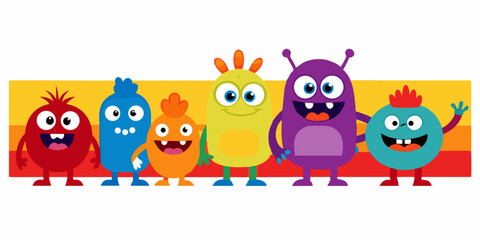 Happy Colorful Cartoon Monsters Group Illustration