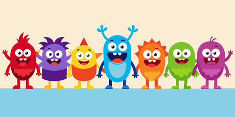 Happy Colorful Cartoon Monsters Row Illustration