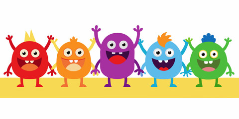 Obraz premium Five Friendly Cartoon Monsters Holding Hands Together