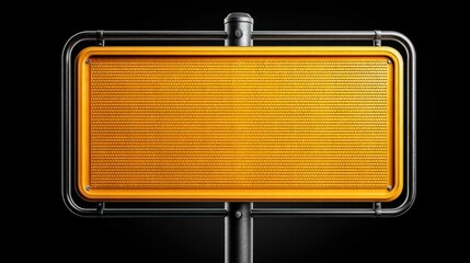 Close-up of an empty, illuminated orange sign on a black background, with a metallic frame.