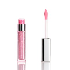 Glossy Pink Lip Gloss with Applicator in Clean Studio Setting