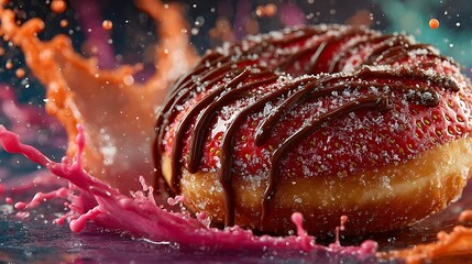 Intricate view of a candy haven with a strawberry doughnut centerpiece highlighted by vivid splashes and a refined artistic style that evokes playful culinary dreams