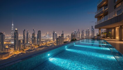 Obraz premium Infinity pool luxury apartment Dubai skyline view 