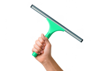 Green Window Squeegee Held by Male Hand on transparent Background
