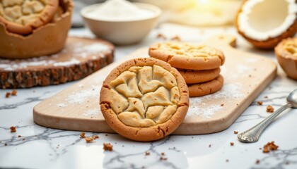Freshly baked cookies on a wooden board, with coconut and a bowl of flour in a bright, inviting kitchen setting.