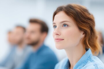 Fototapeta premium diverse group of employees engaged in training session eyes focused on screen in minimalistic conference room