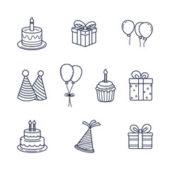 Doodle Happy Birthday Simple Outline Illustration Set