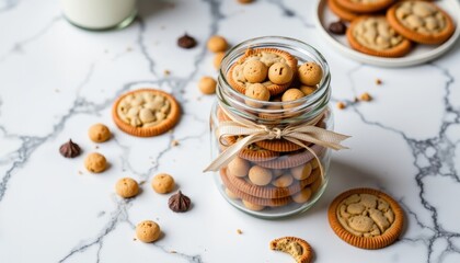 Fototapeta premium A jar filled with assorted cookies sits on a marble surface, surrounded by more cookies and chocolate drops, creating a cozy, inviting snack scene.
