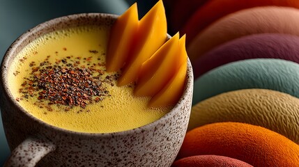 Sophisticated Overhead Capture of Fusion Mango Latte with Vivid Colors and Elegant, Minimalist Modern Presentation