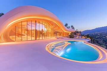 Sculptural, illuminated villa with infinity pool overlooking a mountain vista at dusk