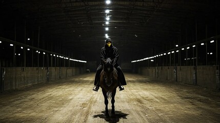 Dark rider in a horse arena at night.