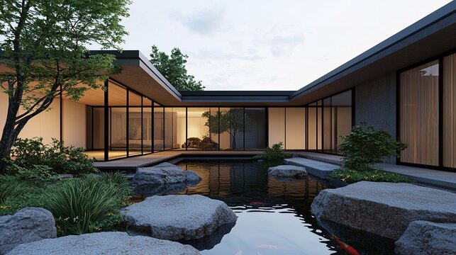 Serene japanese koi pond reflection modern architecture tranquil environment evening view zen concept