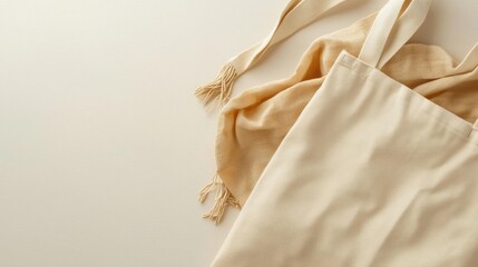 Beige tote bag lying on a white background. the bag is made of a light-colored fabric and has two handles on the top. it has a rectangular shape with a flat bottom and a slightly curved top.