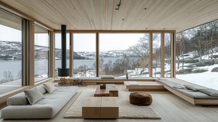 Fototapeta premium Modern Scandinavian Cabin with Panoramic Views