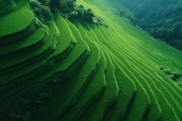 Fototapeta premium minimalistic aerial view of rice terraces in asia creates symmetrical patterns offering ample copy space