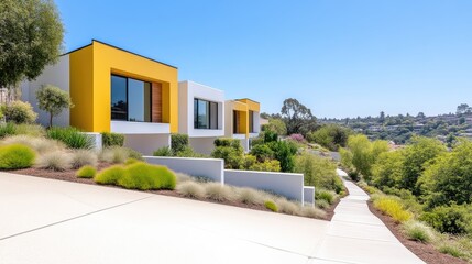 Modern homes nestled on a hillside, bright yellow and white exteriors, landscaped gardens, and a paved walkway