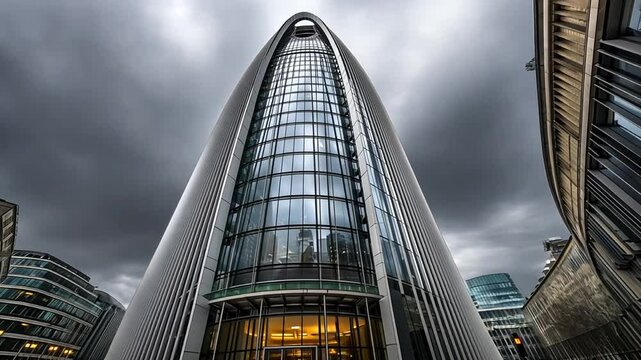 Modern architectural marvel with glass fa?ade under dramatic stormy sky in urban setting