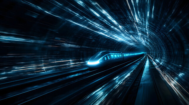 A hyper-speed train with glowing blue lights traveling through a futuristic tunnel.