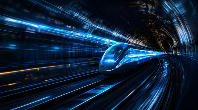 A hyper-speed train with glowing blue lights traveling through a futuristic tunnel.