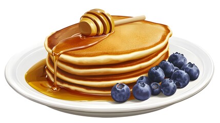 Stacked pancakes with honey and blueberries on a plate.