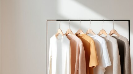 neatly arranged capsule wardrobe displayed on minimalist racks showcasing versatile clothing options