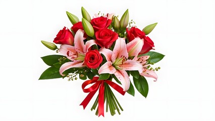 Beautiful Bouquet of Red Roses and Pink Lilies with Green Foliage