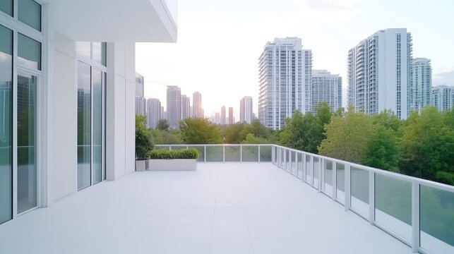 Modern Balcony with City View, Minimalist Style, Bright Natural Lighting, Wide Angle Shot, Glass Railings, Peaceful Relaxation, Urban Skyline, Serene Bright Hues, Ideal for Real Estate Ads