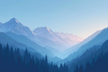 serene 3d digital illustration of majestic mountains under clear sky with vibrant gradients emphasizing natural beauty