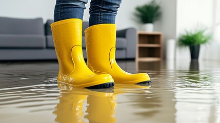 Person in yellow rubber boots stands in water on the floor of a room in an apartment. The water has flooded the interior, rising to the baseboards. Flooding in the house. 