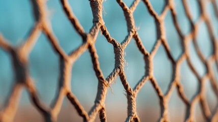 Fototapeta premium Close-up of a chain-link fence. the fence is made up of small, interlocking strands of rope that are tightly woven together.