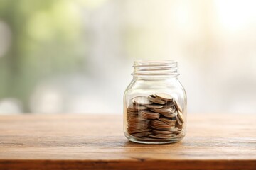 single glass jar partially filled with coins placed on polished wooden table positioned at frame edge emphasizing both