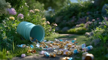 Fototapeta premium Lush Garden Path with Upset Bucket Spilling Colorful Wrappers Amidst Blossoming Flowers and Greenery in a Tranquil Natural Setting