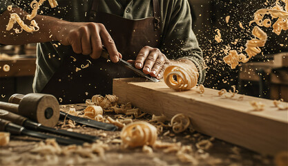 工房で木材をノミで削る木工職人の手元