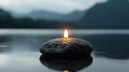 Calm, flickering candle on a stone, reflecting on tranquil water, with misty mountain background