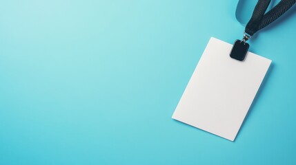 A 4K photo of blank white identification badge on a light blue background.