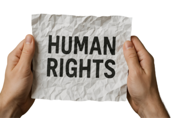 Hands Holding Crumpled Paper with Human Rights Text – Symbol of Protest, Activism and Social Justice, Isolated PNG on Transparent Background