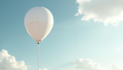 Fototapeta premium Single white balloon floating in a blue sky with fluffy clouds, symbolizing freedom and celebration