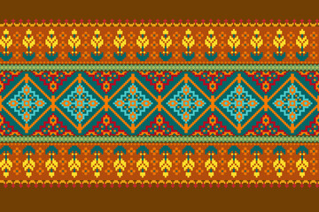 Geometric pixelated Arabic patterns on the fabric reflect the ornate and ethnicity,grid floral,grid colourful, backgrounds, seamless grid design for carpet,textile,textured,wallpaper,print,decorate